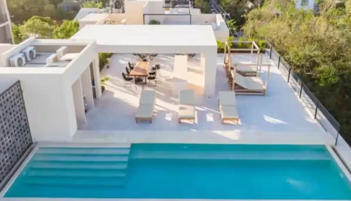 Aerial view of the rooftop pool and terrace